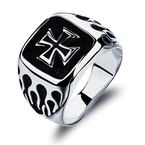 Crusader Cross & Flames Stainless Steel Ring