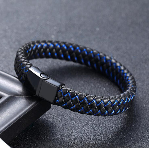 Stainless Steel/Leather Magnetic Clasp Wrist Band