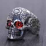 Sugar Skull Ring/Inlaid Garnet In Silver