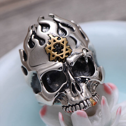 Flame Hexagram Skull Ring In Silver