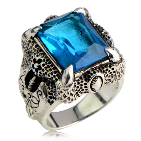 Hand Carved Blue Topaz Dragon Claw Ring In Sterling