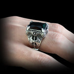 Black Agate & Hand Carved Dragon Claw Ring In Sterling