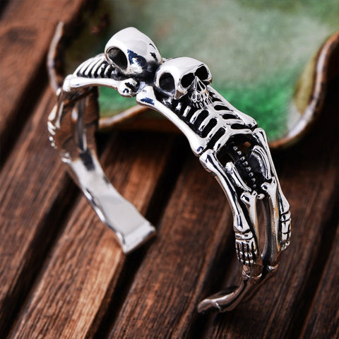 Hand Carved Skeleton Bracelet In Sterling Silver