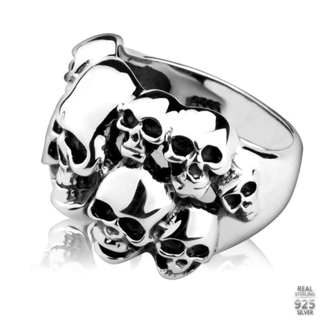 Hand Carved Graveyard Skull Ring In Silver