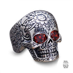 Sugar Skull Ring/Inlaid Garnet In Silver