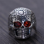 Sugar Skull Ring/Inlaid Garnet In Silver