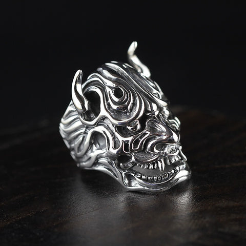 Hand Carved Devil Skull Ring In Sterling